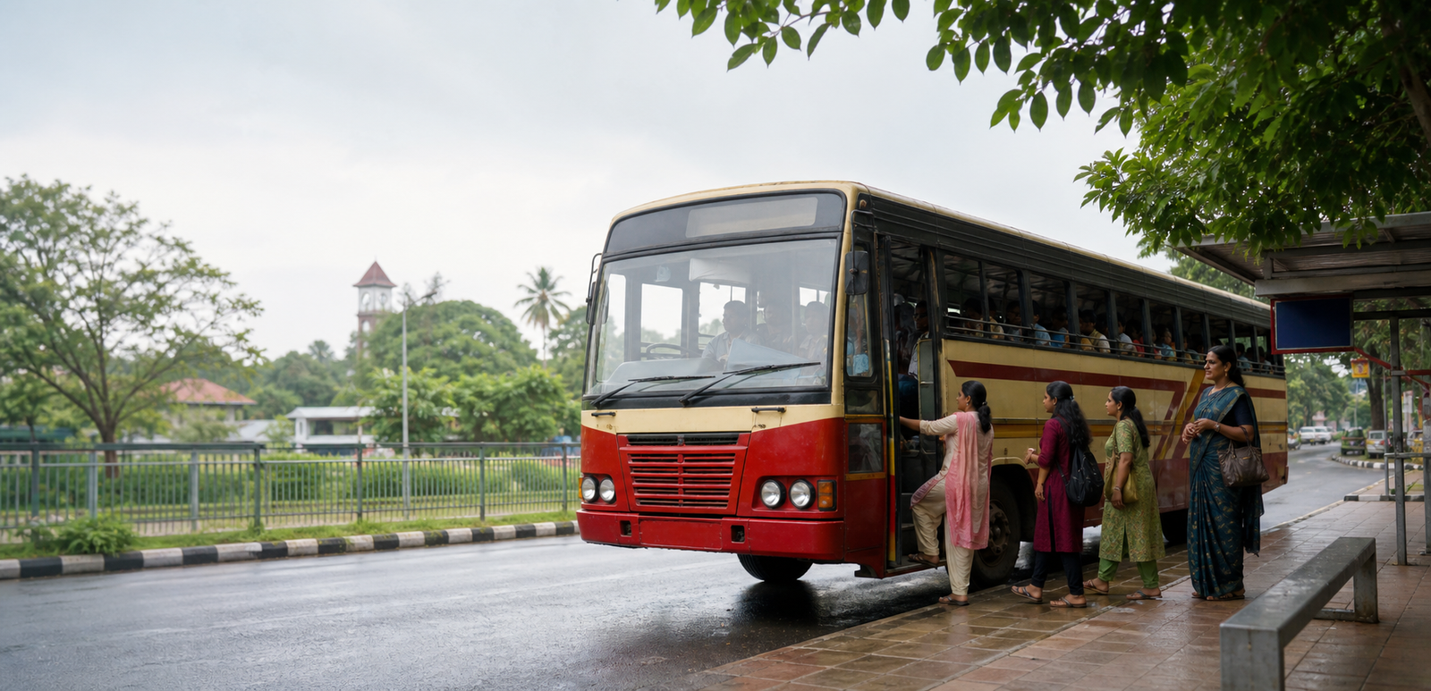 Kerala ordinary bus with commuters boarding at a bus stop